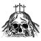 Hand-drawn vector illustration for Easter. Mount Calvary near Jerusalem, in the shape of a skull, three crosses on top