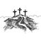 Hand-drawn vector illustration for Easter. Three crosses on top of Mount Calvary, near Jerusalem