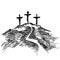 Hand-drawn vector illustration for Easter. Three crosses on top of Mount Calvary, near Jerusalem