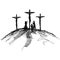 Hand-drawn vector illustration for Easter. Three crosses on top of Mount Calvary, near Jerusalem.