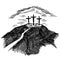 Hand-drawn vector illustration for Easter. Three crosses on top of Mount Calvary, near Jerusalem