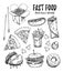 Hand drawn vector illustration - Fast food hot dog, hamburger,