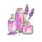 Hand drawn vector illustration of glass jars and bottles with Lavender essential oil.