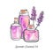 Hand drawn vector illustration of glass jars and bottles with Lavender essential oil. Beautiful flasks and flower for aromatherapy