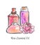 Hand drawn vector illustration of glass jars and bottles with Rose essential oil.