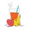 Hand drawn vector illustration of a glass with juice, smoothie on a white background. Cocktail tube. The drinks. Pear, apple, berr