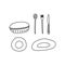 Hand drawn vector illustration of kitchen utensils - plates, bowl, spoon, fork and knife. Abstract cartoon doole style