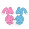 Hand drawn vector illustration of a pair of beautiful little pink and blue young hares or rabbits sleeping on a white background