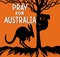 Hand drawn vector illustration Pray For Australia lettering with silhouette  wild animal Kangaroo,Koala, tree on orange background