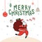 Hand drawn vector illustration of Santa Claus with sack full of gifts on snow background. Merry Christmas Typography.