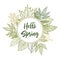 Hand drawn vector illustration. Spring label with green leaves,