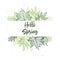 Hand drawn vector illustration. Spring label with green leaves,