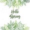 Hand drawn vector illustration. Spring label with green leaves,