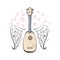 Hand drawn vector illustration with ukulele, sketch wings, hearts and melody