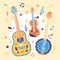 Hand drawn vector illustration Violin, Banjo, and Acoustic Guitar. Banner for Live music festival.