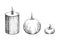 Hand drawn vector ink assorted candles lit with flames. Votives, balls, tea lights, pillars. Isolated object on white