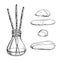Hand drawn vector ink spa aromatherapy glass bottle and diffusor with incense sticks. Isolated object on white