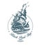 Hand drawn vector logo of vintage sailing ship in the sea