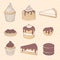 Hand drawn vector pastry set with cake and pie pieces, cupcakes, macarons and eclairs covered with chocolate. Sweets on