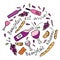 Hand drawn vector pattern with cheese, wine glasses, bottles, grapes and bread. Wine party, Beaujolais Nouveau event in France.