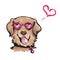 hand drawn vector portrait of funny dog in the pink heart-shaped sunglasses