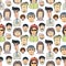 Hand drawn vector seamless pattern with crowd of funny worker peoples. Doodle faces background