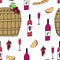 Hand drawn vector seamless pattern with doodle barrels, tasty cheese, wine glasses, bottles and grapes. Sketch drawing