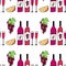 Hand drawn vector seamless pattern with doodle barrels, tasty cheese, wine glasses, bottles and grapes. Sketch drawing