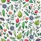 Hand drawn vector seamless pattern with doodles illustrations. Flowers and plants. Decorative floral background