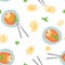 Hand drawn vector seamless pattern with ramen noodles and eggs. Asian food in doodles.