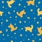 Hand drawn vector seamless pattern of yellow dinosaurs in the night sky. Doodle style illustration for decor and design