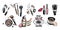 Hand drawn vector set of make up artist objects. Cosmetics concept with powder, lipstick, blush, brushes, tone cream