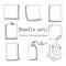 Hand drawn vector set of paper sheet, pack of paper, tag, sticky note, notepad page with pin, scotch tape and paperclip. Doodle st