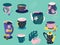 Hand drawn vector set of trendy cups,teapot,spoons and saucers with various prints and decorations.