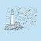 Hand drawn vector sketch with gulls, clouds and lighthouse. Marine romantic background. Design on a blue background