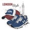 Hand drawn Vector sneakers and cap. London background. Vector illustration