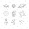 Hand drawn vector space elements outline: cosmonaut, satellites,