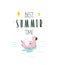 Hand drawn vector stock abstract graphic illustration with a flamingo swimming rubber float ring and Best summer time