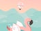 Hand drawn vector stock abstract graphic illustration with a flamingo swimming rubber float rings in ocean waves