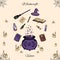 Hand drawn vector witchcraft set. Includes potions, herbs, books, witches hat and broom, candles, magic wand and cauldron