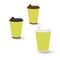 Hand drawn vector yellow corrugated paper coffee cups with white, brown and black lids