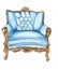 Hand drawn vintage armchair with blue upholstery and golden legs