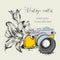 Hand drawn vintage camera with lily. Vector illustration