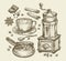 Hand drawn vintage coffee grinder, cup, beans, star anise, cinnamon, chocolate, drink, sugar bowl. Sketch vector