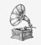 Hand-drawn vintage gramophone. Sketch music. Vector illustration