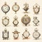 Hand-drawn vintage illustration showcasing an elegant collection of antique clocks