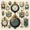 Hand-drawn vintage illustration showcasing an elegant collection of antique clocks