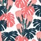 Hand drawn vintage monstera and protea, African native wild flower seamless pattern