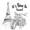 Hand drawn vintage motorcycle on background. France, Paris, Eiffel Tower. Vector illustration
