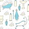 Hand drawn vintage seamless pattern with bathroom objects. Bathtub, toilet, washbasin, shower, soap, shampoo, towel, toothbrush,